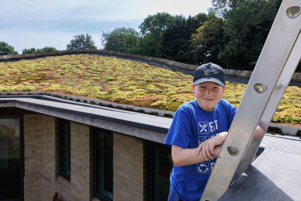 Boy up a ladder next to a planted roof