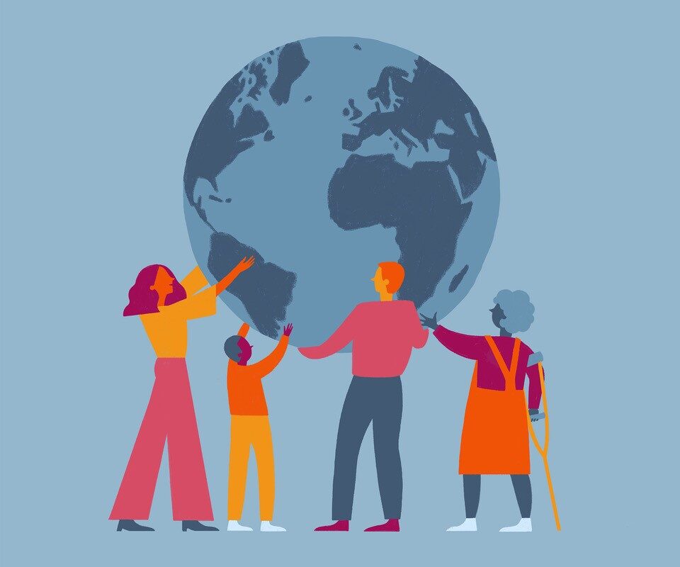 illustration of people holding up a globe