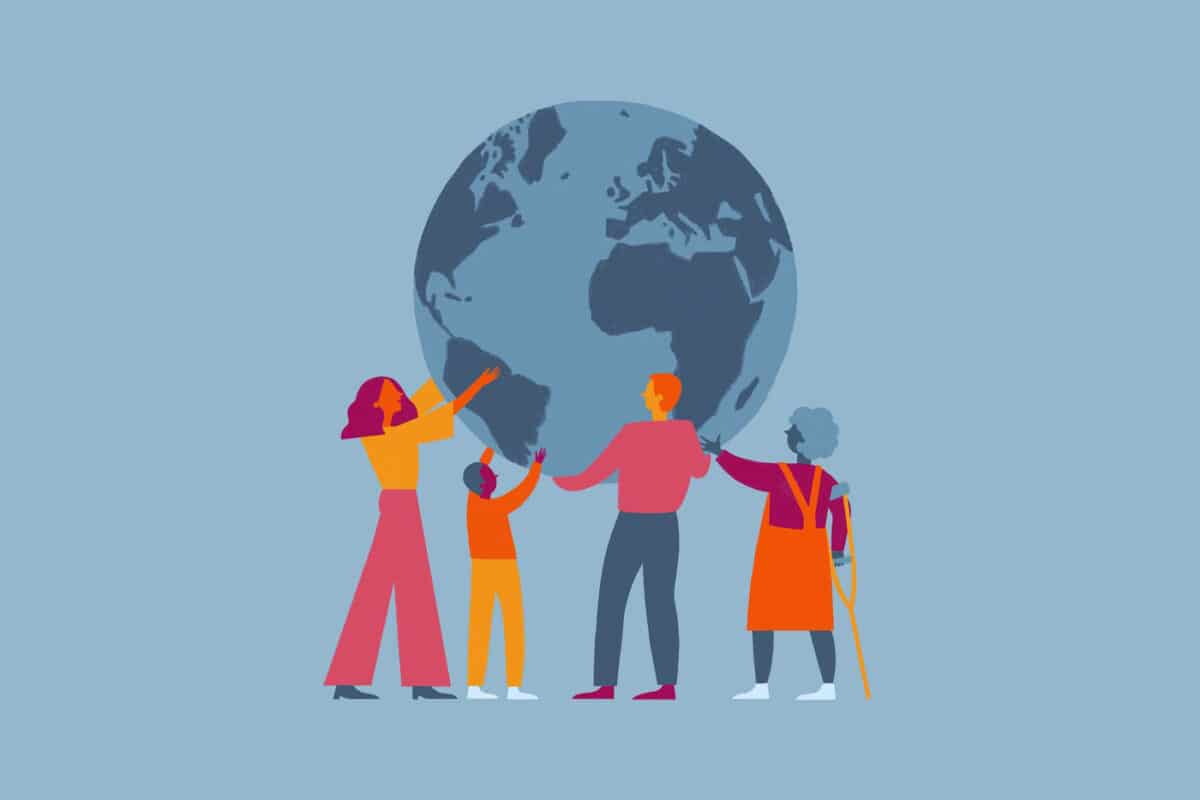 Illustration of people holding up a globe
