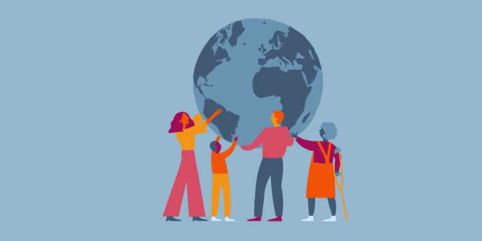 Illustration of people holding up a globe