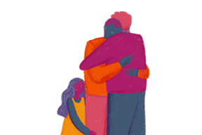 Illustration showing two adults hugging and a child hugging their legs