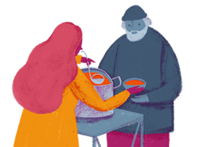 Illustration of a man being given soup from a vat by a woman