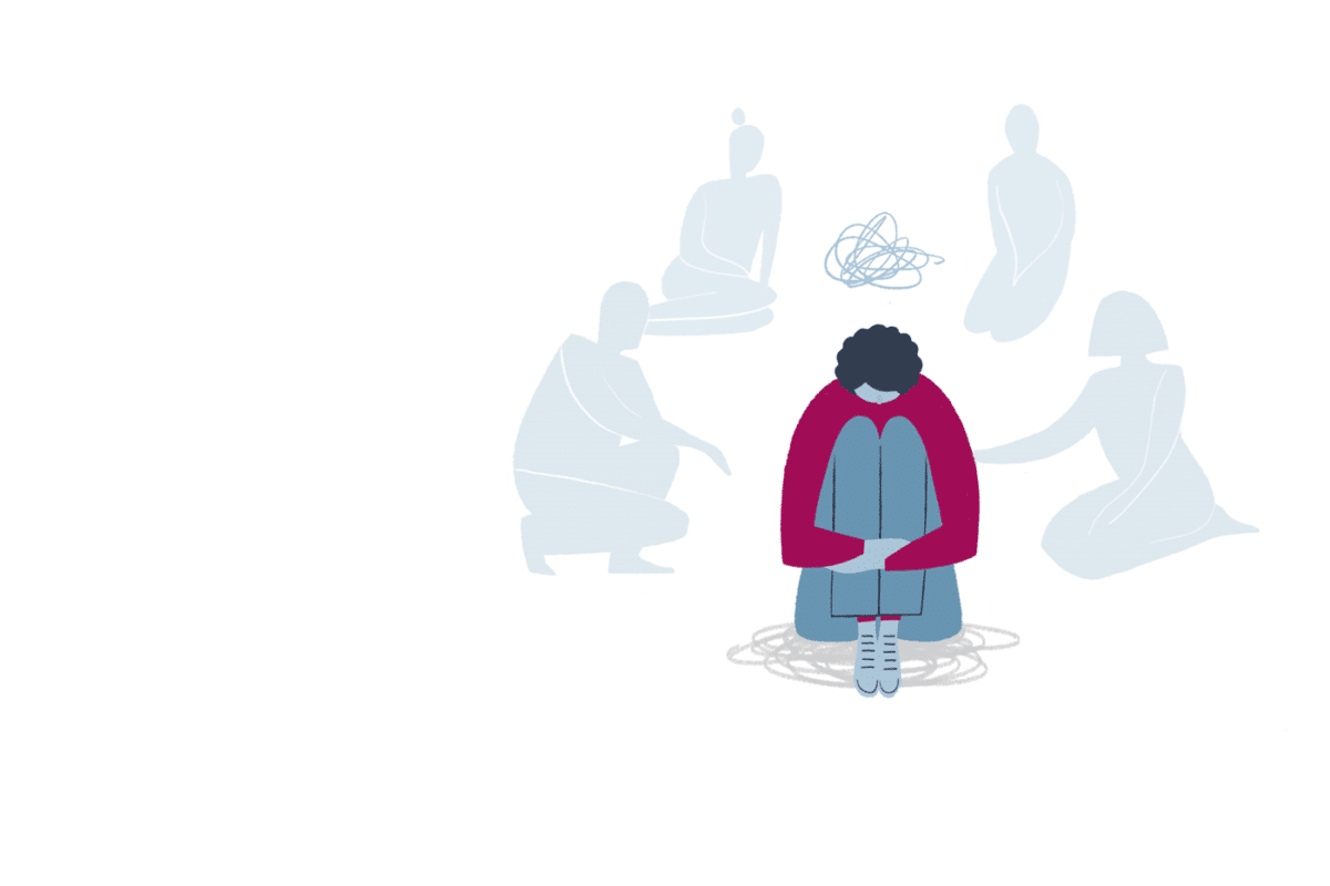 Illustration of a person huddled surrounded by people