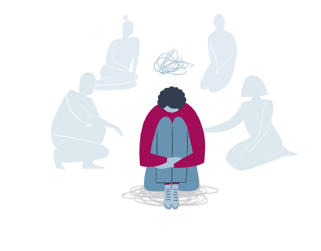 Illustration of a person huddled surrounded by people