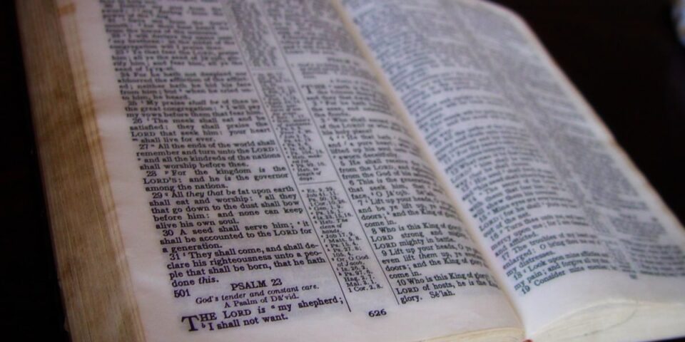 Bible open at Psalm 23 - The Lord is My Shepherd