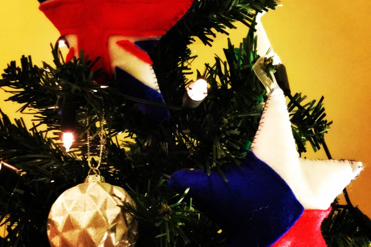 Christmas tree with Eurovision-themed decorations