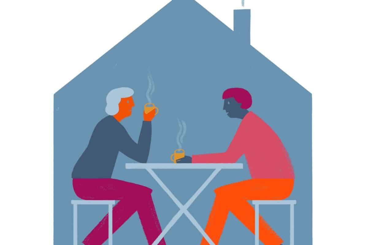 an illustration of a house with two people inside, sitting at a table with hot drinks