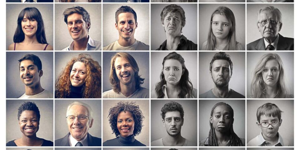 Mosaic of people looking happy and sad