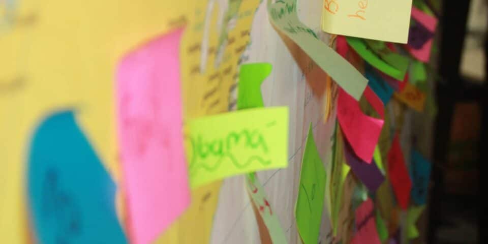 Prayer wall with Post-It notes attached