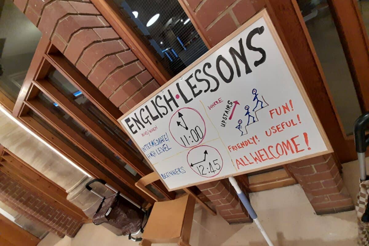 Sign advertising English Lessons in a church