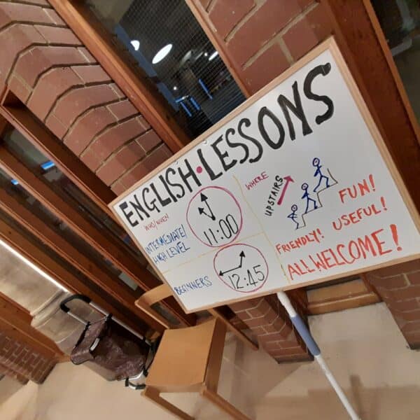 Sign advertising English Lessons in a church
