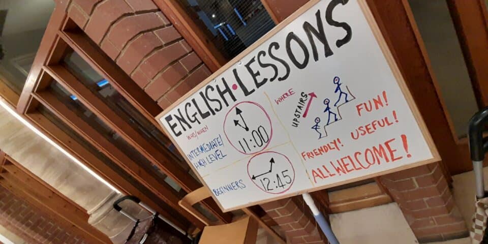 Sign advertising English Lessons in a church