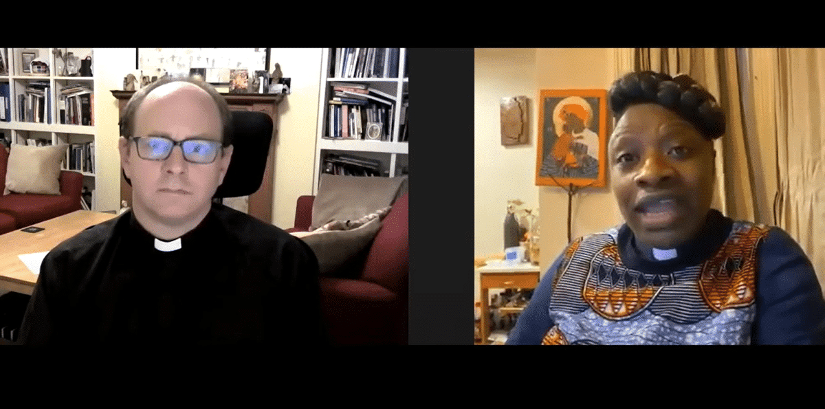 Zoom screen of headshots of Right Revd Rob Wickham (left) and Revd Natasha Beckles (right)