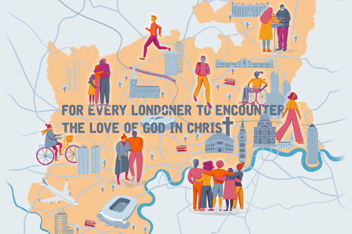 An illustrated map of London with the words 'For every Londoner to encounter the love of God in Christ'