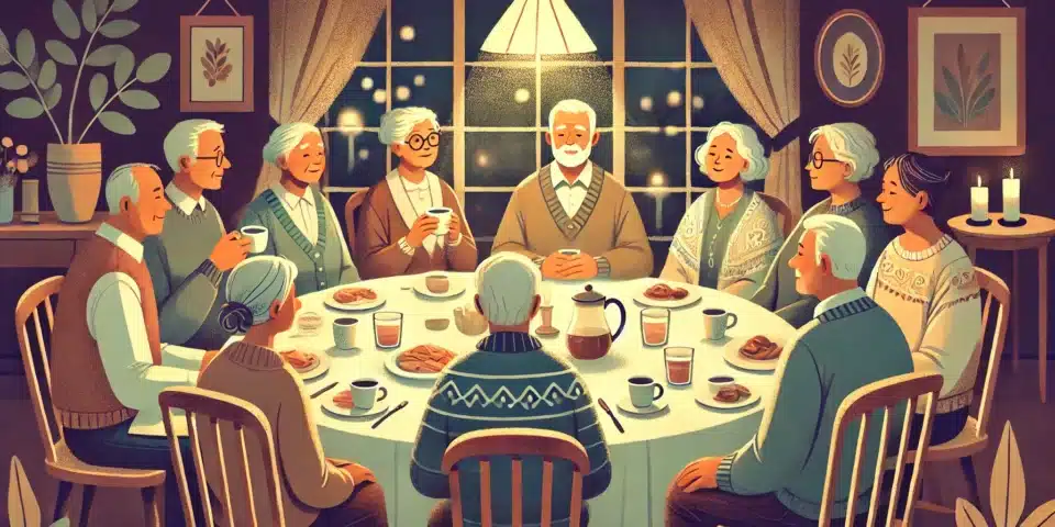 An illustration representing the Grandparents Learning Circle, with a cosy, warm setting where members engage in thoughtful discussion around family life.