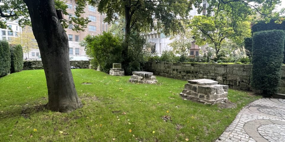 A garden with grass, tress and a paved walkway
