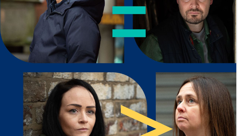 4 people, one in each corner of a square with rounded edges