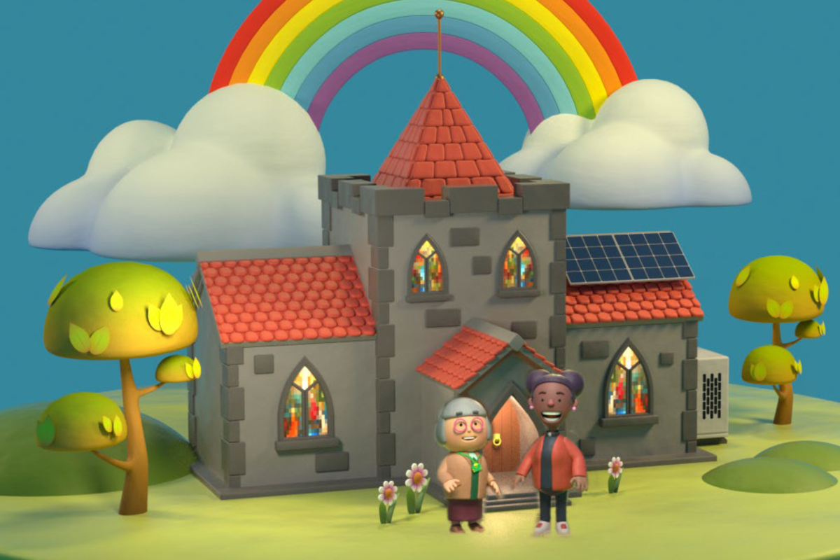 Cartoon of a church with rainbow and trees, and people standing smiling in the porch
