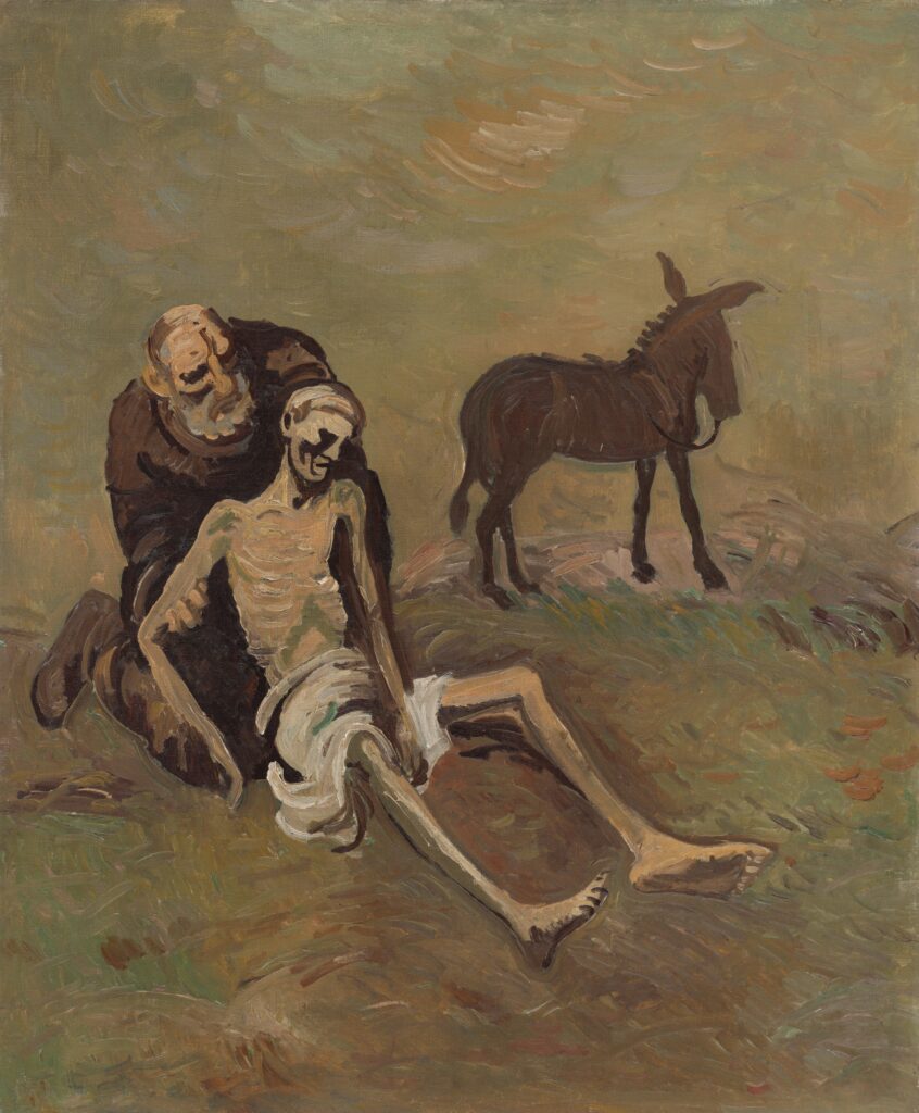 Artists impression of the Good Samaritan, man trying to lift up a skeletal looking man, with donkey in background
