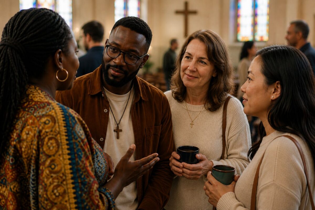 Group of people talking in church