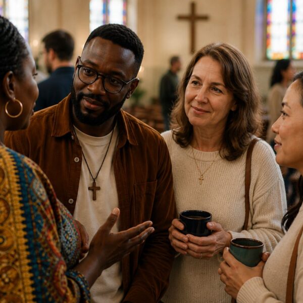 Group of people talking in church