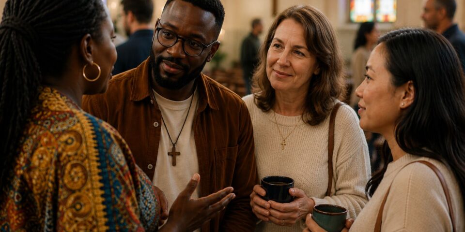 Group of people talking in church