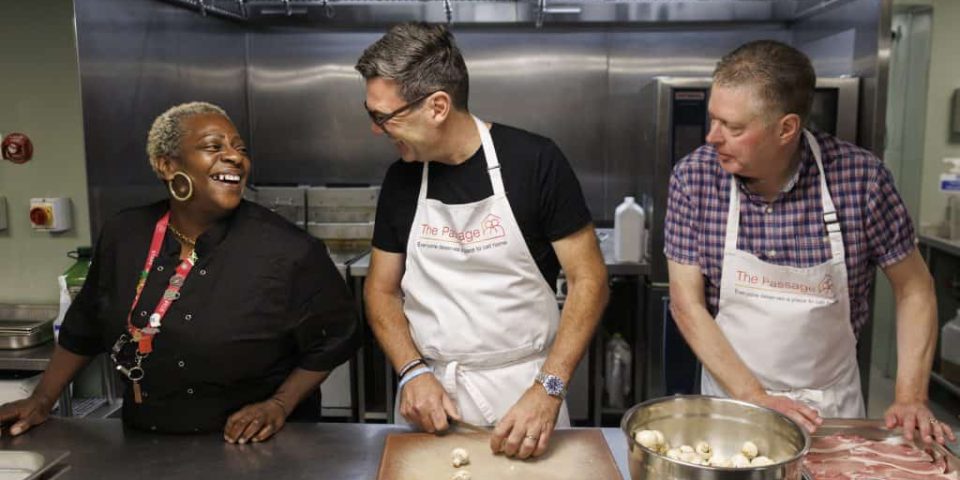 Andy Burnham as new PM chopping vegetables at the Passage Night Shelter